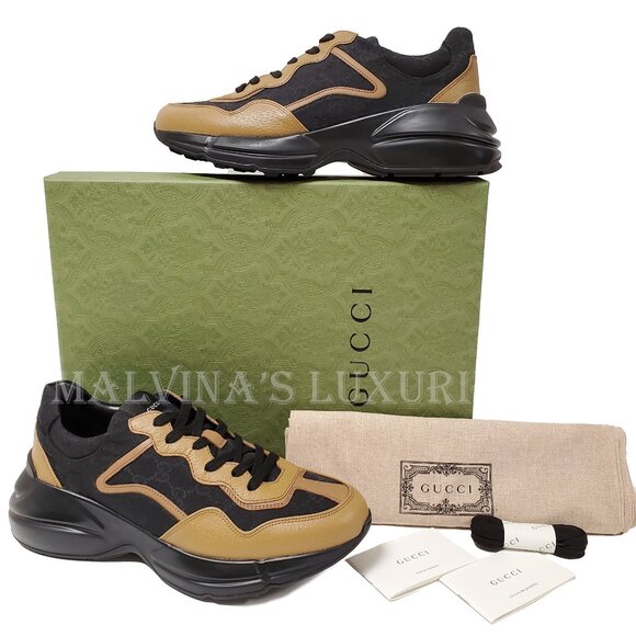 GUCCI SNEAKERS MENS RHYTON BLACK GG SUPREME BROWN LEATHER SHOES sz 8 8.5 - Picture 2 of 16
